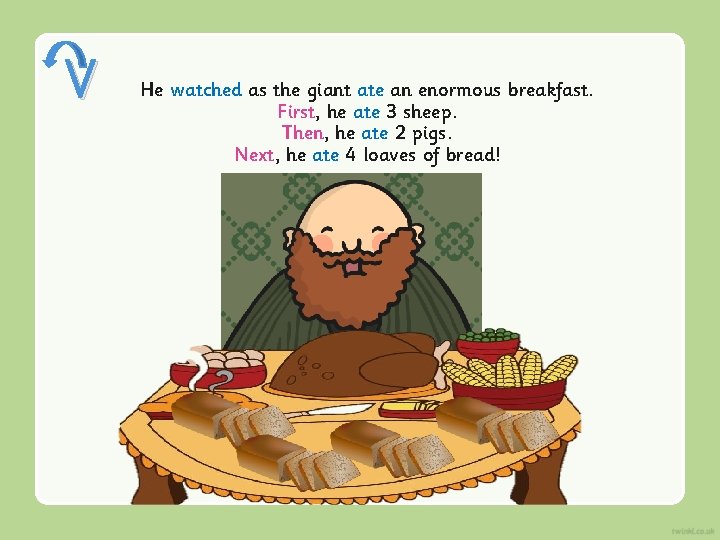 V He watched as the giant ate an enormous breakfast. First, he ate 3 V He watched as the giant ate an enormous breakfast. First, he ate 3
