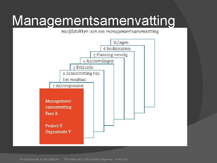 Managementsamenvatting Projectaanpak in zes stappen P 6 -methode (c) Noordhoff Uitgevers - Roel Grit