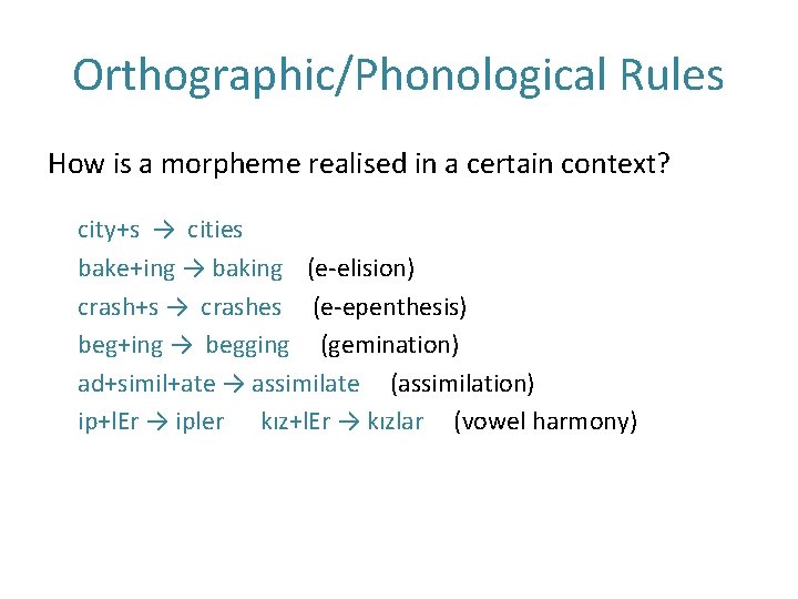 Orthographic/Phonological Rules How is a morpheme realised in a certain context? city+s → cities