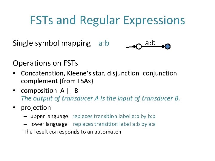 FSTs and Regular Expressions Single symbol mapping a: b Operations on FSTs • Concatenation,