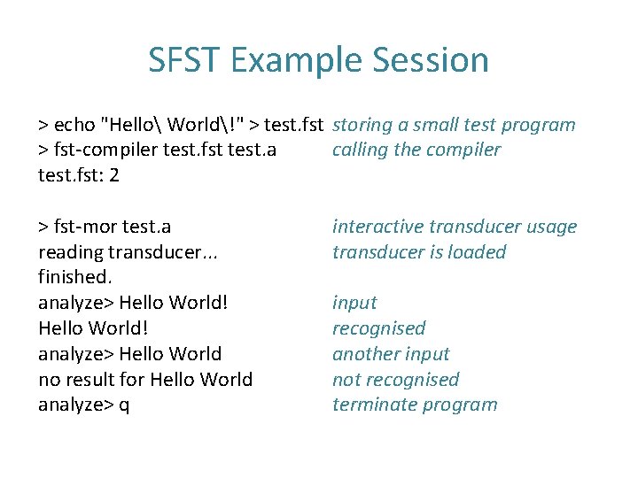 SFST Example Session > echo "Hello World!" > test. fst storing a small test