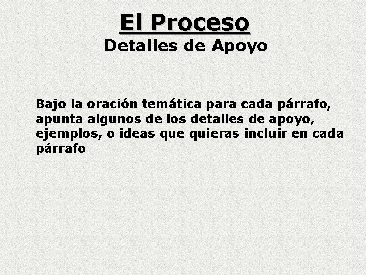 El Proceso Detalles de Apoyo Bajo la oración temática para cada párrafo, apunta algunos