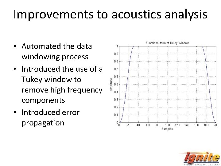 Improvements to acoustics analysis • Automated the data windowing process • Introduced the use