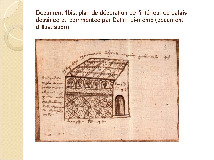 Document 1 bis: plan de décoration de l’intérieur du palais dessinée et commentée par