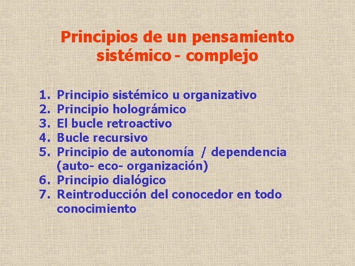 Principios de un pensamiento sistémico - complejo 1. 2. 3. 4. 5. Principio sistémico