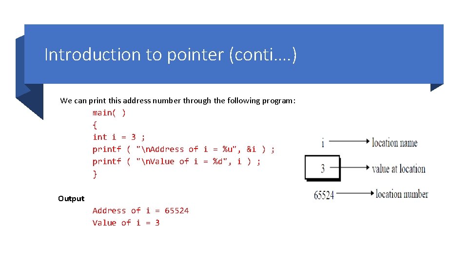 Introduction to pointer (conti…. ) We can print this address number through the following