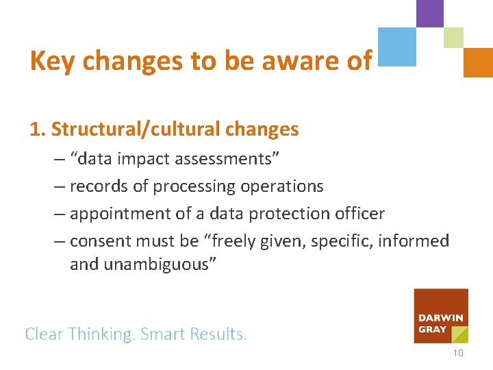Key changes to be aware of 1. Structural/cultural changes – “data impact assessments” –