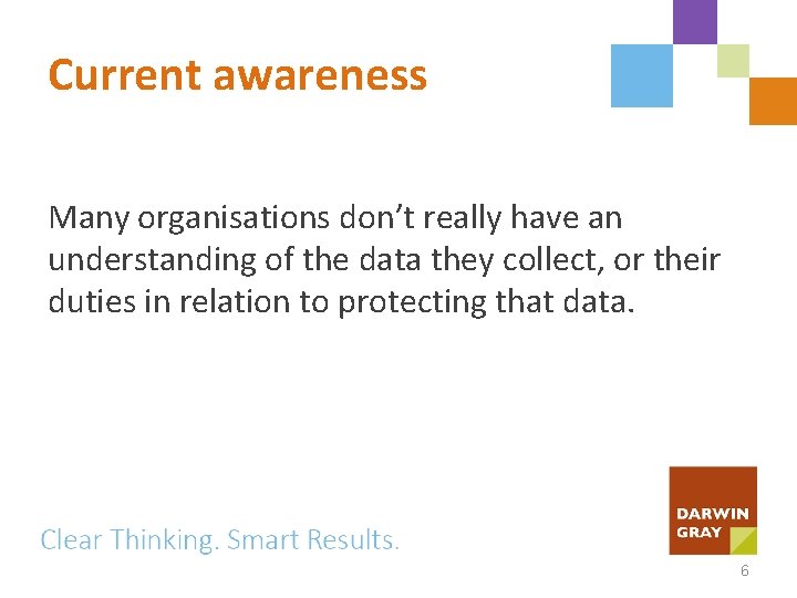 Current awareness Many organisations don’t really have an understanding of the data they collect,