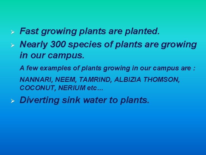 Ø Ø Fast growing plants are planted. Nearly 300 species of plants are growing