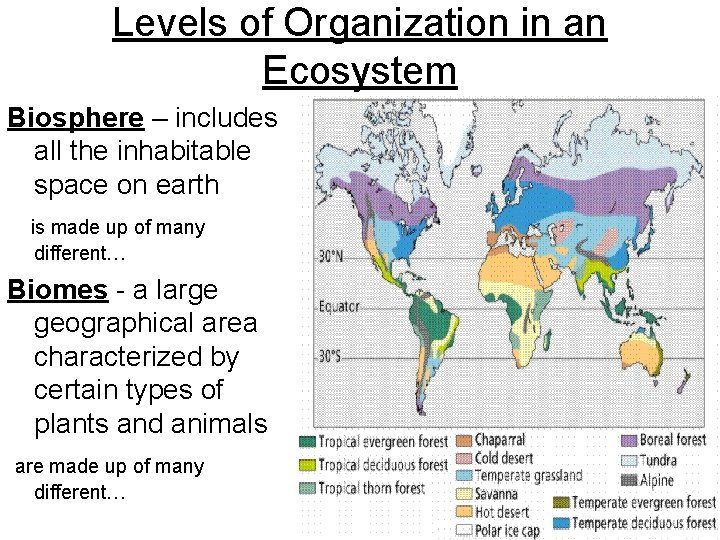 Levels of Organization in an Ecosystem Biosphere – includes all the inhabitable space on Levels of Organization in an Ecosystem Biosphere – includes all the inhabitable space on
