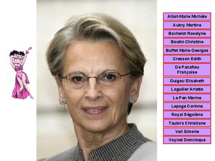 Alliot-Marie Michèle Aubry Martine Bachelot Roselyne Boutin Christine Buffet Marie-Georges Cresson Edith De Panafieu