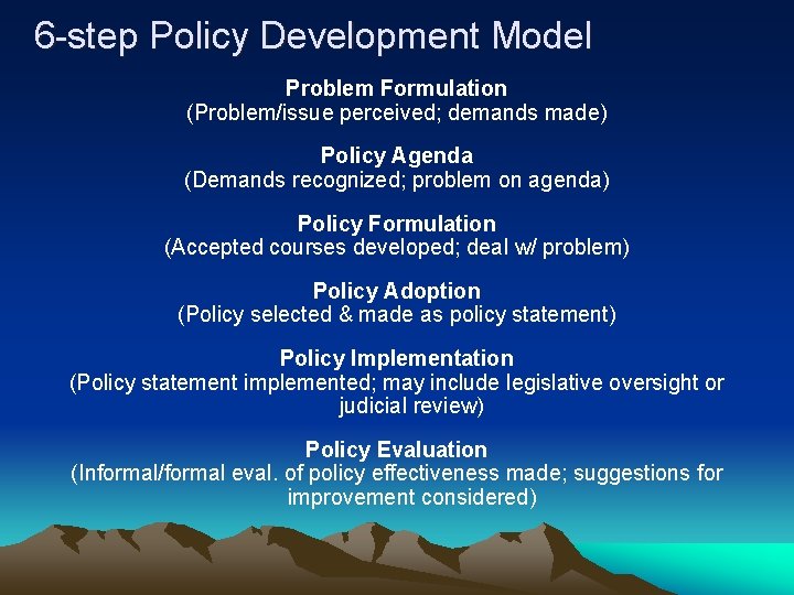 6 -step Policy Development Model Problem Formulation (Problem/issue perceived; demands made) Policy Agenda (Demands