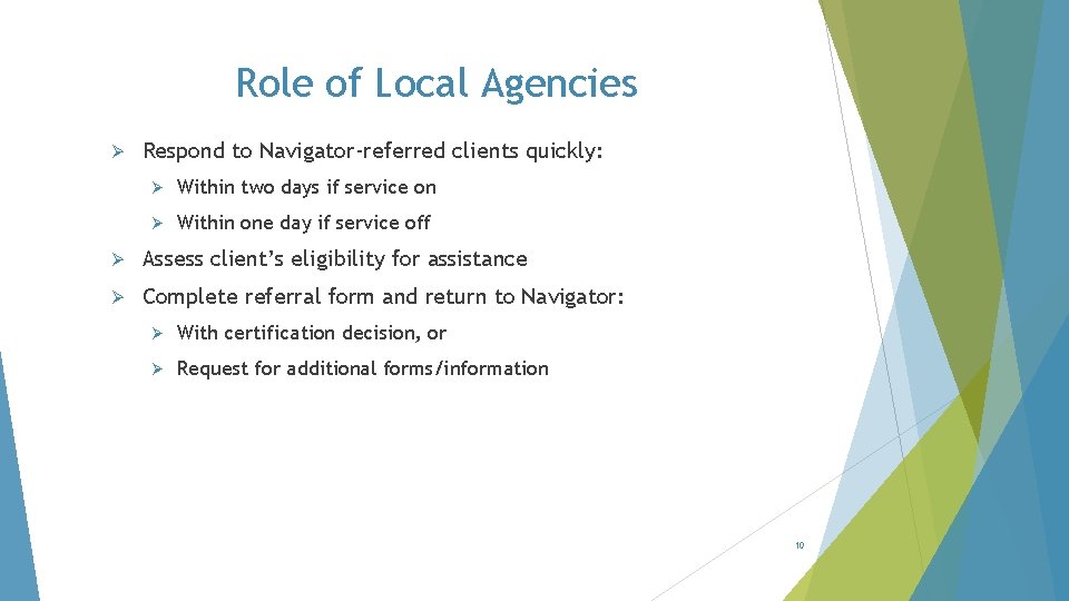 Role of Local Agencies Ø Respond to Navigator-referred clients quickly: Ø Within two days