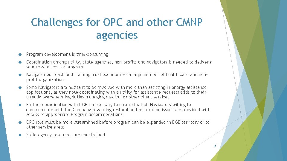 Challenges for OPC and other CMNP agencies Program development is time-consuming Coordination among utility,