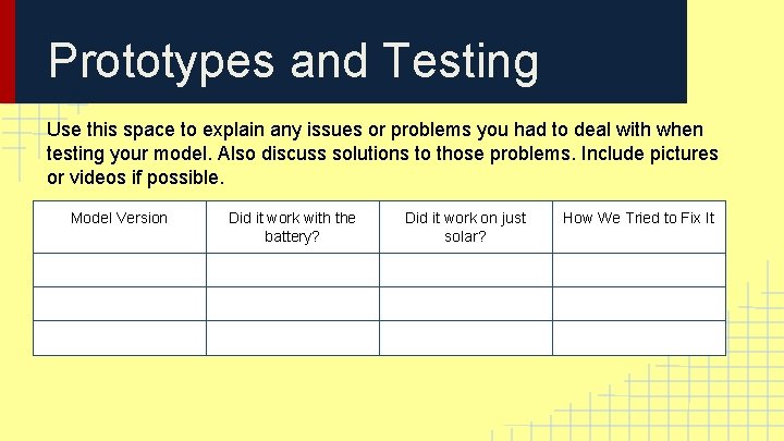 Prototypes and Testing Use this space to explain any issues or problems you had Prototypes and Testing Use this space to explain any issues or problems you had