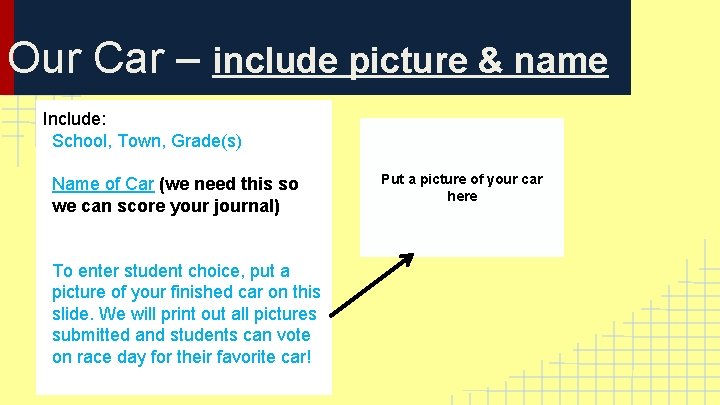 Our Car – include picture & name Include: School, Town, Grade(s) Name of Car Our Car – include picture & name Include: School, Town, Grade(s) Name of Car