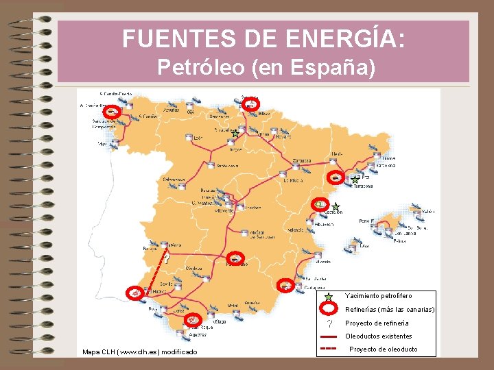 FUENTES DE ENERGÍA: Petróleo (en España) ? Yacimiento petrolífero Refinerías (más las canarias) ?