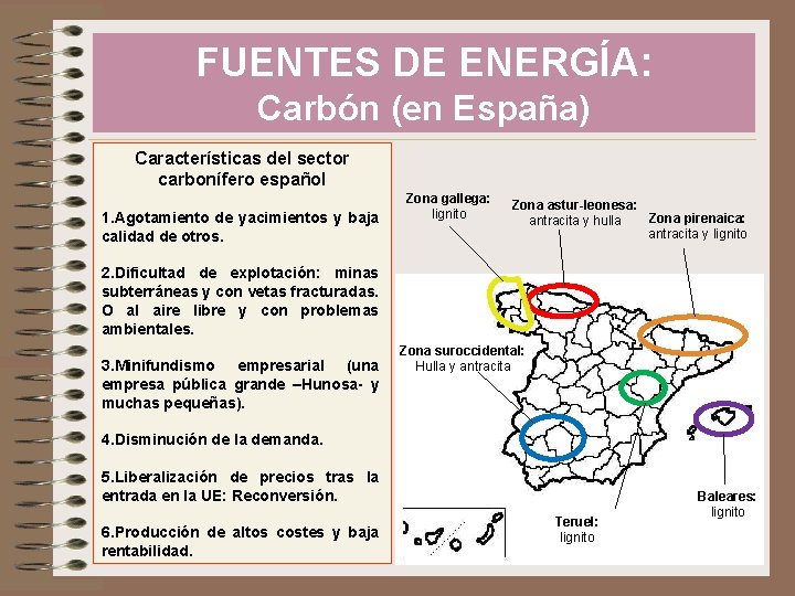FUENTES DE ENERGÍA: Carbón (en España) Características del sector carbonífero español 1. Agotamiento de