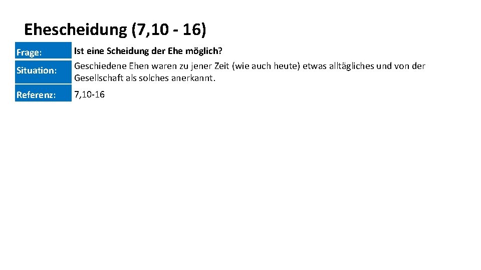 Ehescheidung (7, 10 - 16) Frage: Situation: Referenz: Ist eine Scheidung der Ehe möglich?