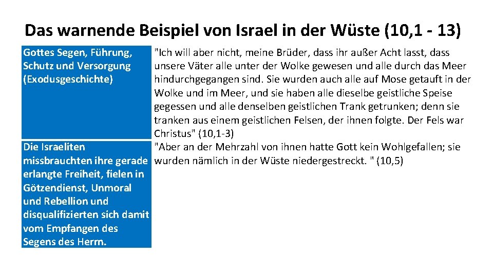 Das warnende Beispiel von Israel in der Wüste (10, 1 - 13) Gottes Segen,