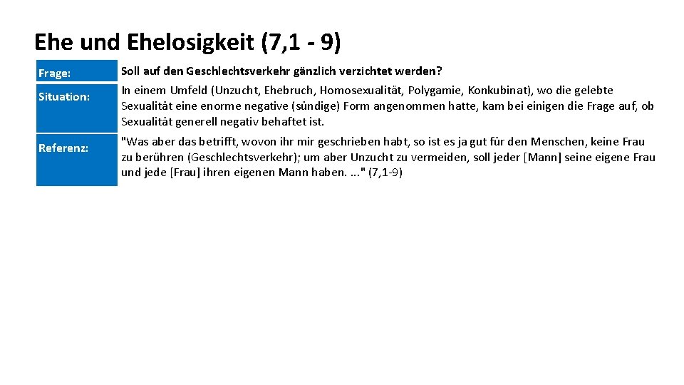 Ehe und Ehelosigkeit (7, 1 - 9) Frage: Soll auf den Geschlechtsverkehr gänzlich verzichtet