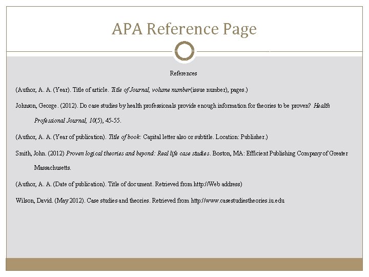 APA Reference Page References (Author, A. A. (Year). Title of article. Title of Journal,