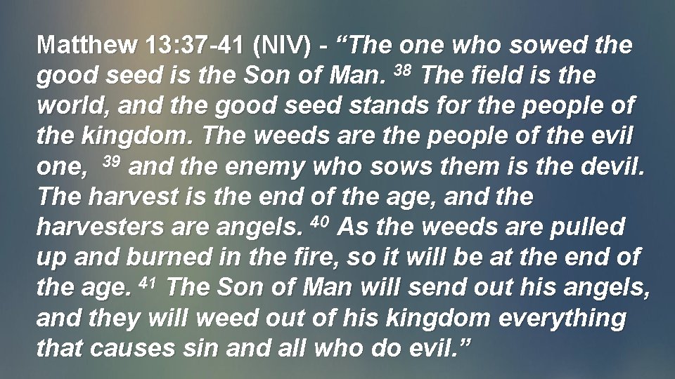 Matthew 13: 37 -41 (NIV) - “The one who sowed the good seed is Matthew 13: 37 -41 (NIV) - “The one who sowed the good seed is