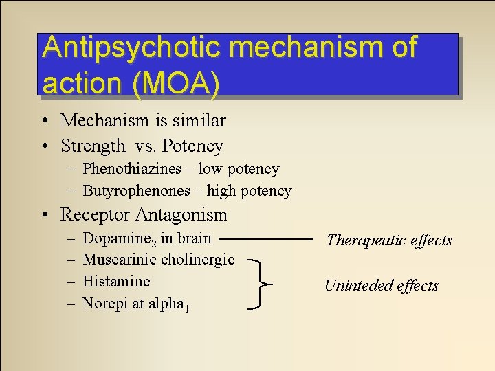 Antipsychotic mechanism of action (MOA) • Mechanism is similar • Strength vs. Potency – Antipsychotic mechanism of action (MOA) • Mechanism is similar • Strength vs. Potency –