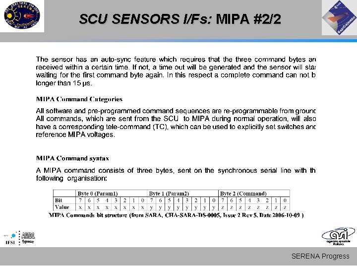 SCU SENSORS I/Fs: MIPA #2/2 SERENA Progress SCU SENSORS I/Fs: MIPA #2/2 SERENA Progress