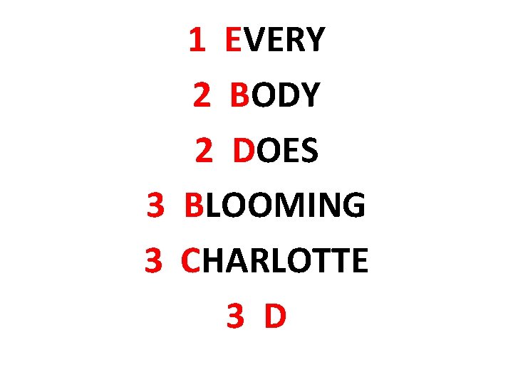 1 EVERY 2 BODY 2 DOES 3 BLOOMING 3 CHARLOTTE 3 D 