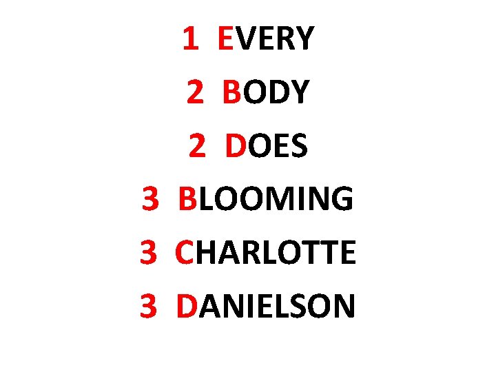 1 EVERY 2 BODY 2 DOES 3 BLOOMING 3 CHARLOTTE 3 DANIELSON 