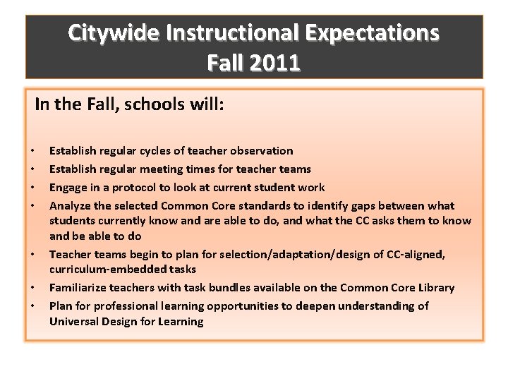 Citywide Instructional Expectations Fall 2011 In the Fall, schools will: • • Establish regular