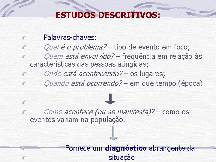 ESTUDOS DESCRITIVOS: Palavras-chaves: Qual é o problema? – tipo de evento em foco; Quem