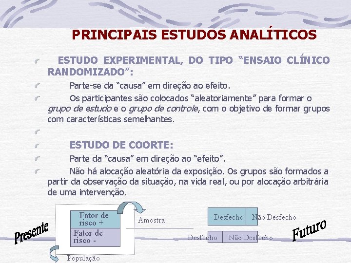 PRINCIPAIS ESTUDOS ANALÍTICOS ESTUDO EXPERIMENTAL, DO TIPO “ENSAIO CLÍNICO RANDOMIZADO”: Parte-se da “causa” em