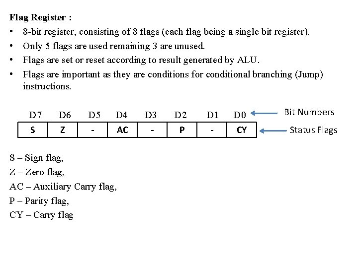 Flag Register : • 8 -bit register, consisting of 8 flags (each flag being