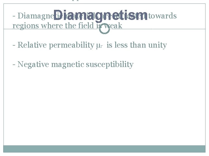 Diamagnetism - Diamagnetic materials are attracted towards regions where the field is weak -