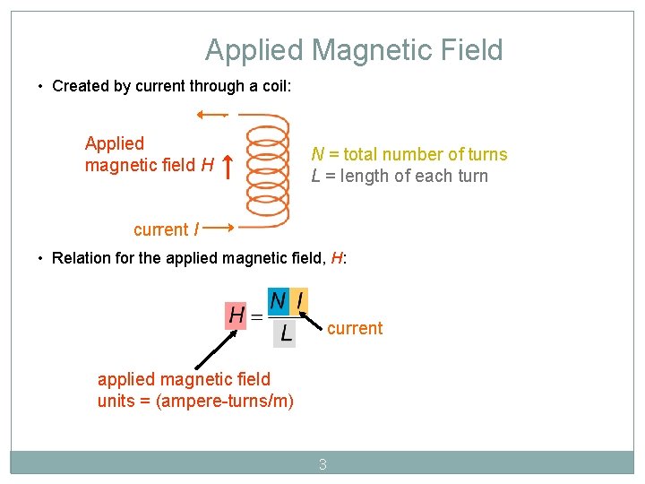 Applied Magnetic Field • Created by current through a coil: Applied magnetic field H