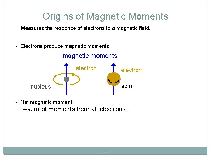 Origins of Magnetic Moments • Measures the response of electrons to a magnetic field.