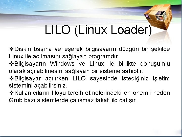 LILO (Linux Loader) v. Diskin başına yerleşerek bilgisayarın düzgün bir şekilde Linux ile açılmasını