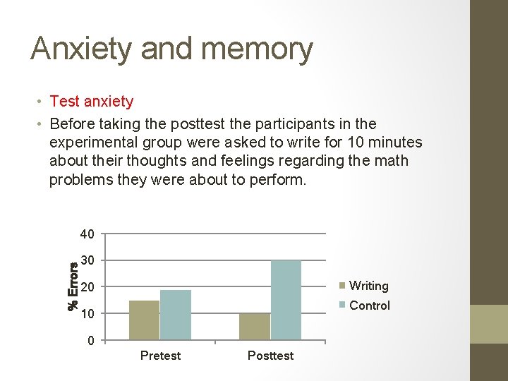 Anxiety and memory • Test anxiety • Before taking the posttest the participants in