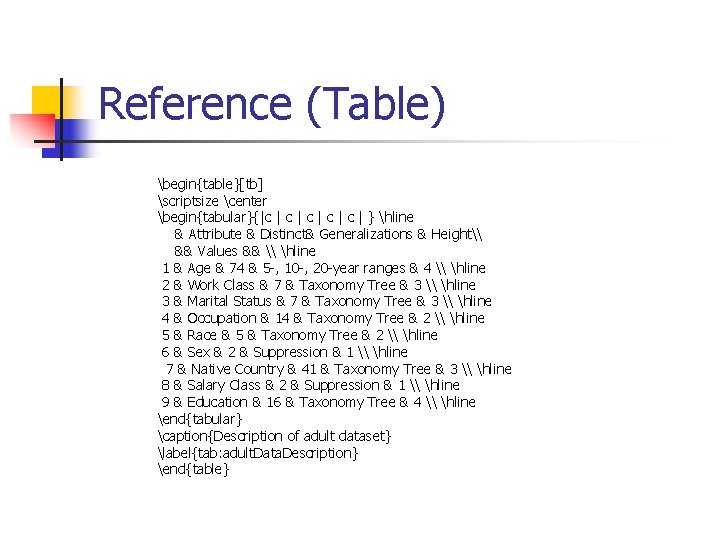 Reference (Table) begin{table}[tb] scriptsize center begin{tabular}{|c | c | c | } hline &