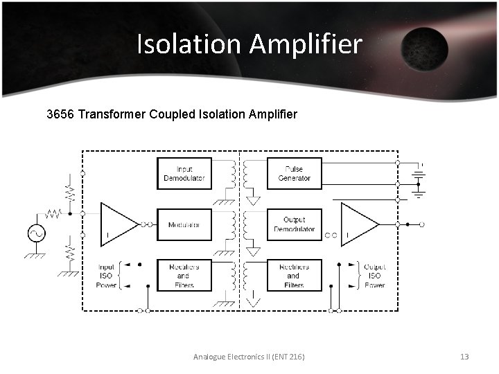 Isolation Amplifier 3656 Transformer Coupled Isolation Amplifier Analogue Electronics II (ENT 216) 13 