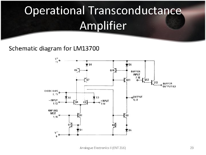 Operational Transconductance Amplifier Schematic diagram for LM 13700 Analogue Electronics II (ENT 216) 23