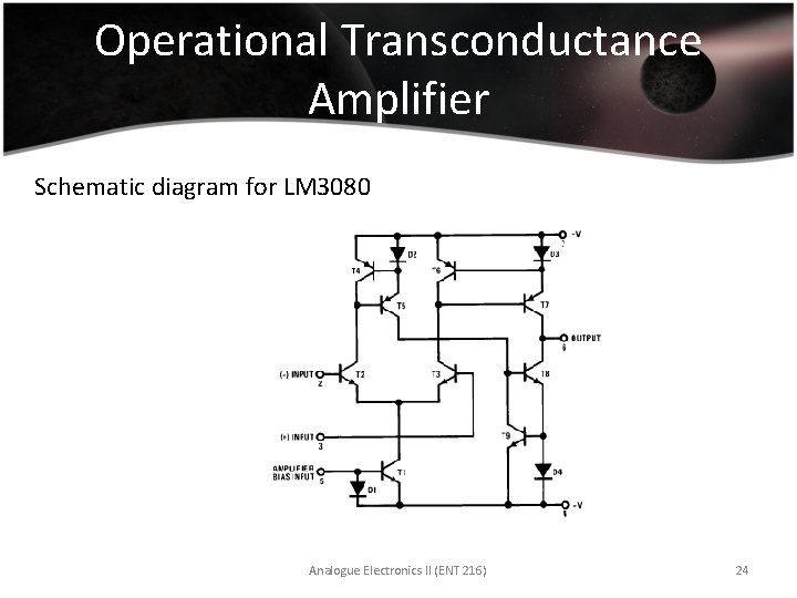Operational Transconductance Amplifier Schematic diagram for LM 3080 Analogue Electronics II (ENT 216) 24