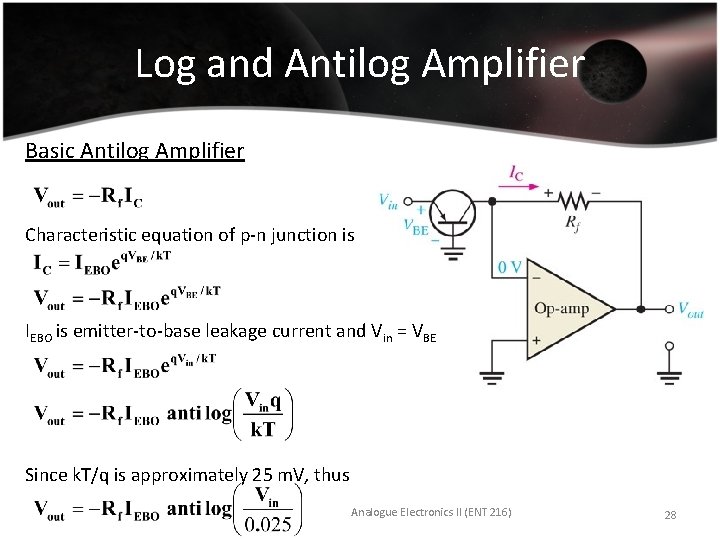 Log and Antilog Amplifier Basic Antilog Amplifier Characteristic equation of p-n junction is IEBO