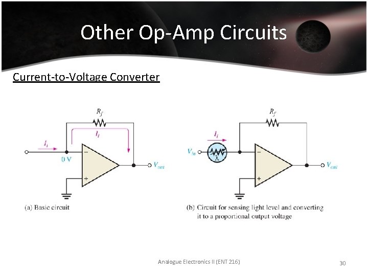 Other Op-Amp Circuits Current-to-Voltage Converter Analogue Electronics II (ENT 216) 30 