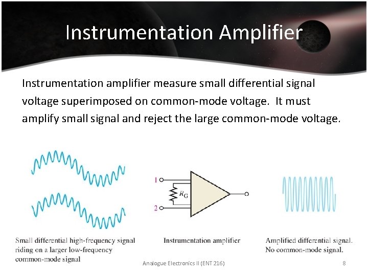 Instrumentation Amplifier Instrumentation amplifier measure small differential signal voltage superimposed on common-mode voltage. It