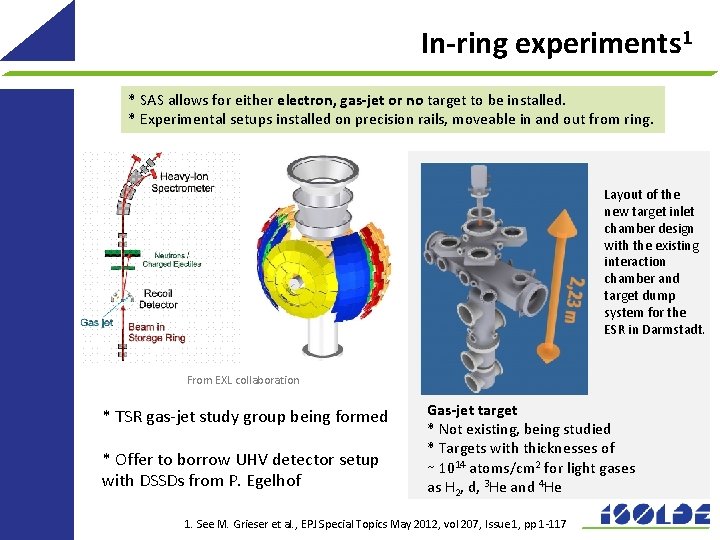 In-ring experiments 1 * SAS allows for either electron, gas-jet or no target to