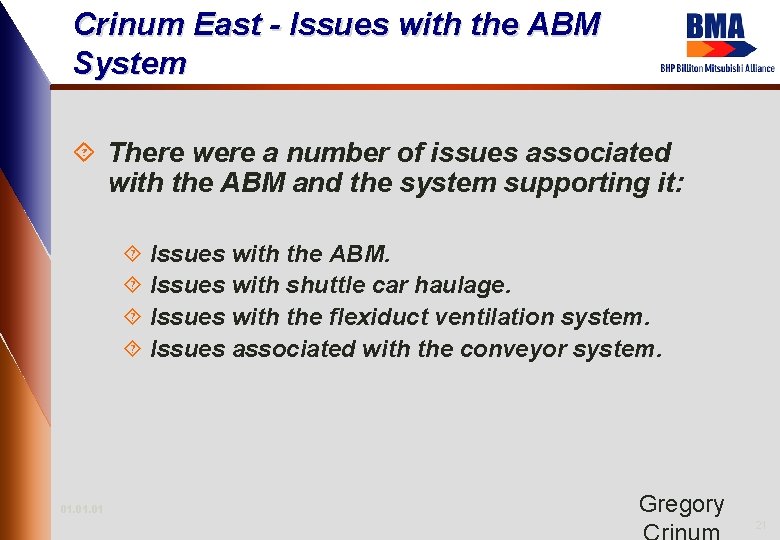 Crinum East - Issues with the ABM System ´ There were a number of