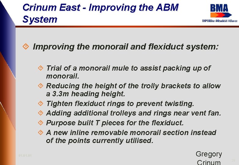 Crinum East - Improving the ABM System ´ Improving the monorail and flexiduct system: